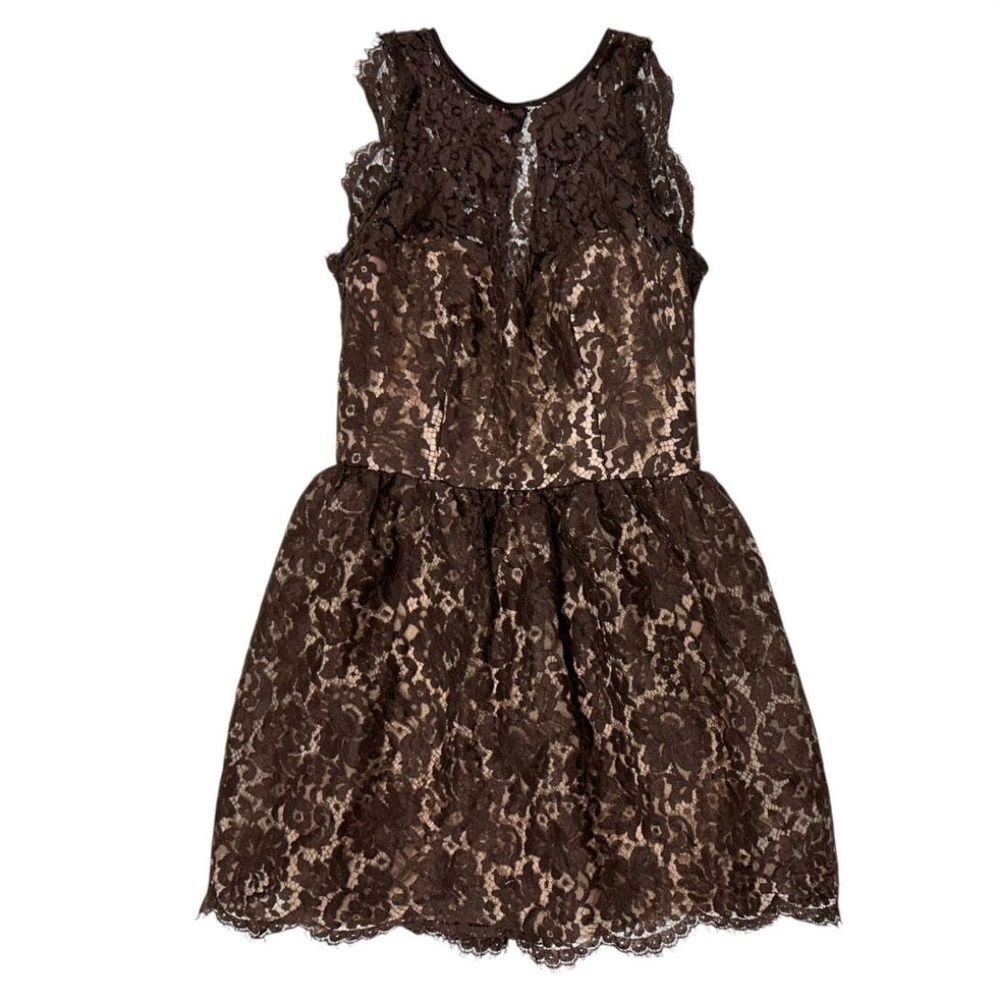 NWT Noir by Lazaro Mini Dress Brown Lace Overlay Scalloped Hem Elegant Romantic